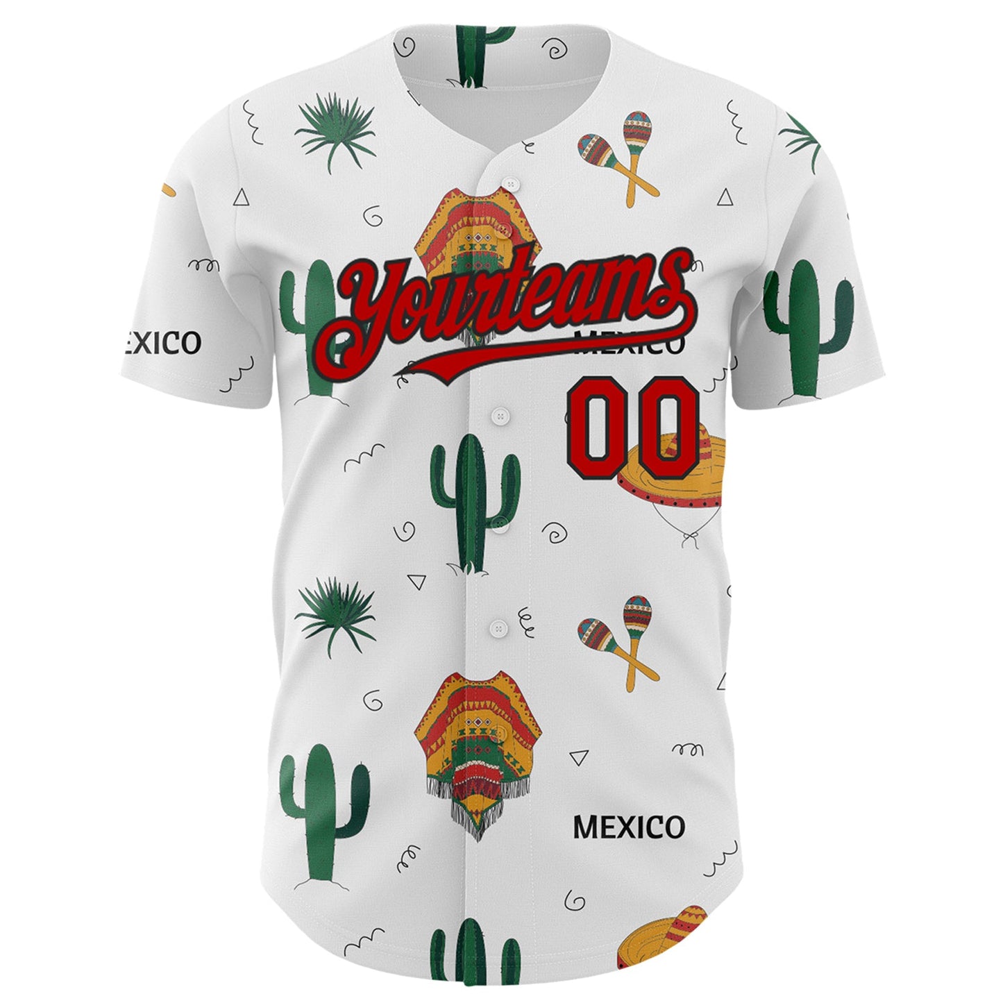 Custom White Red-Black 3D Mexican Festival Cactus And Sombrero Cinco de Mayo Authentic Baseball Jersey view 2