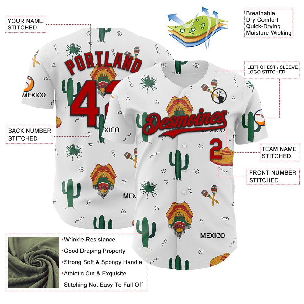 Custom White Red-Black 3D Mexican Festival Cactus And Sombrero Cinco de Mayo Authentic Baseball Jersey view 3