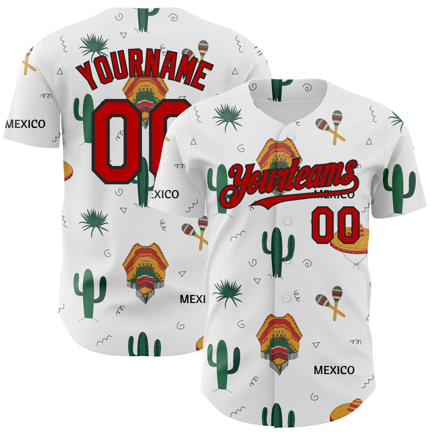 Custom White Red-Black 3D Mexican Festival Cactus And Sombrero Cinco de Mayo Authentic Baseball Jersey - Main View