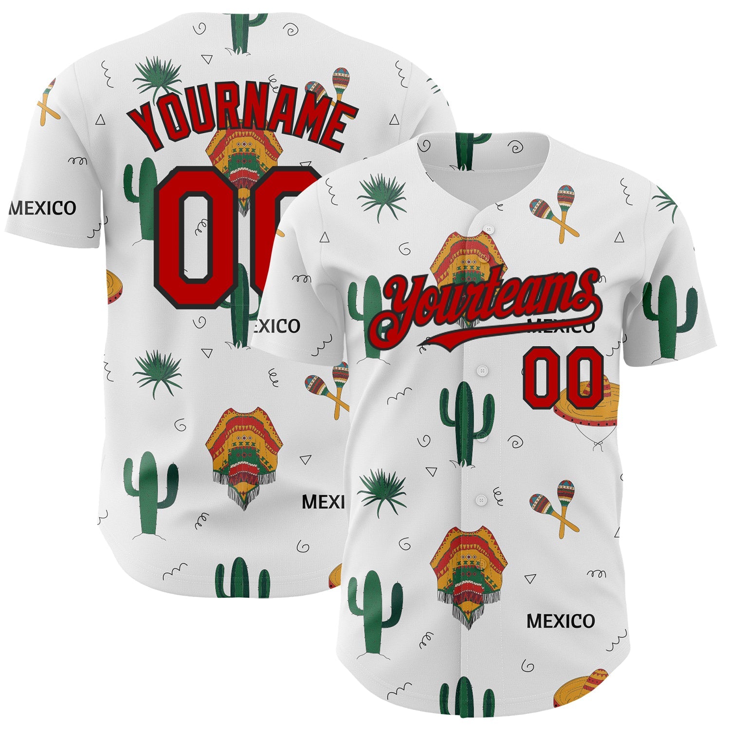 Custom White Red-Black 3D Mexican Festival Cactus And Sombrero Cinco de Mayo Authentic Baseball Jersey - Main View