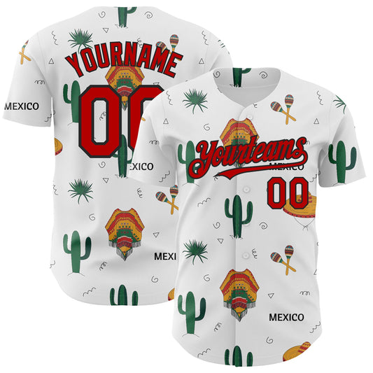 Custom White Red-Black 3D Mexican Festival Cactus And Sombrero Cinco de Mayo Authentic Baseball Jersey - Main View