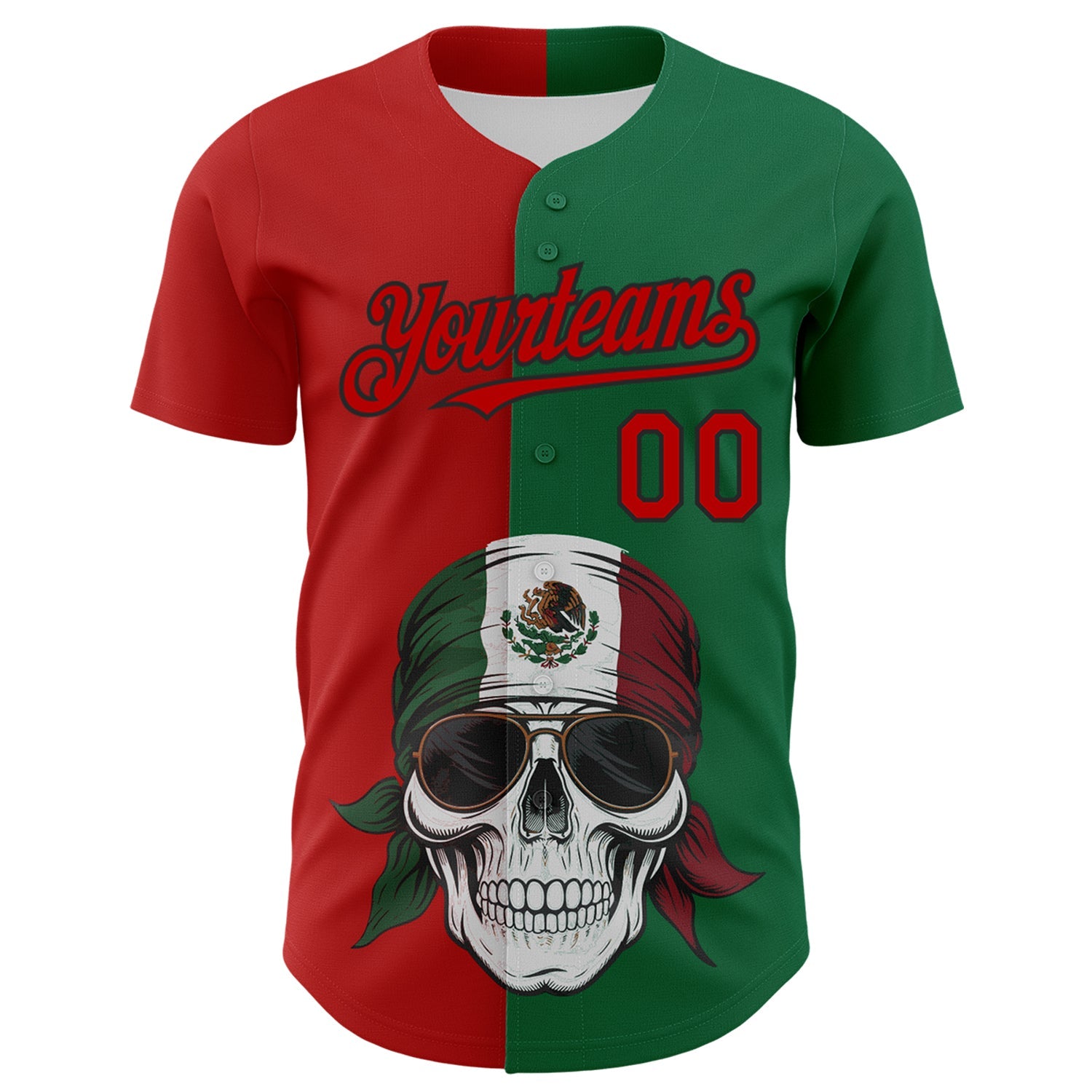 Custom Green Red-Black 3D Mexican Flag Skull Authentic Baseball Jersey view 2
