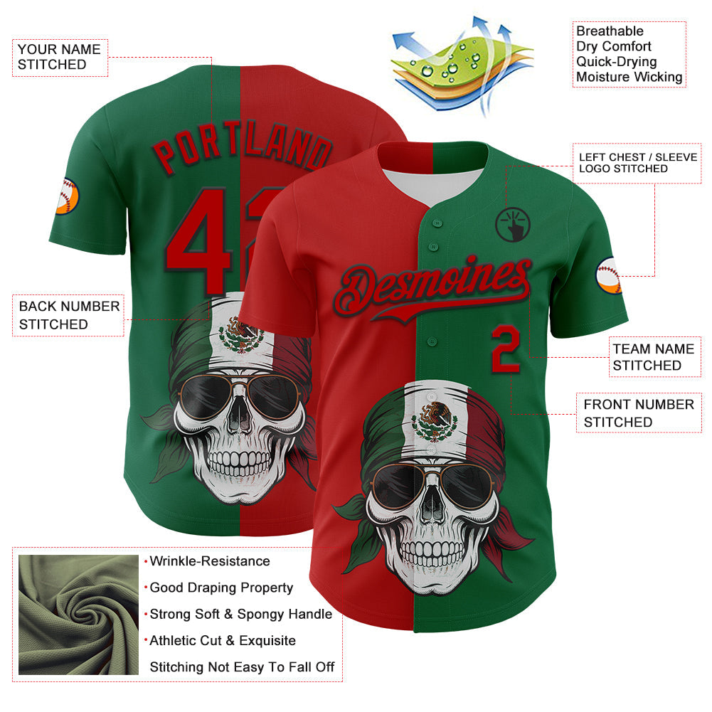 Custom Green Red-Black 3D Mexican Flag Skull Authentic Baseball Jersey view 3