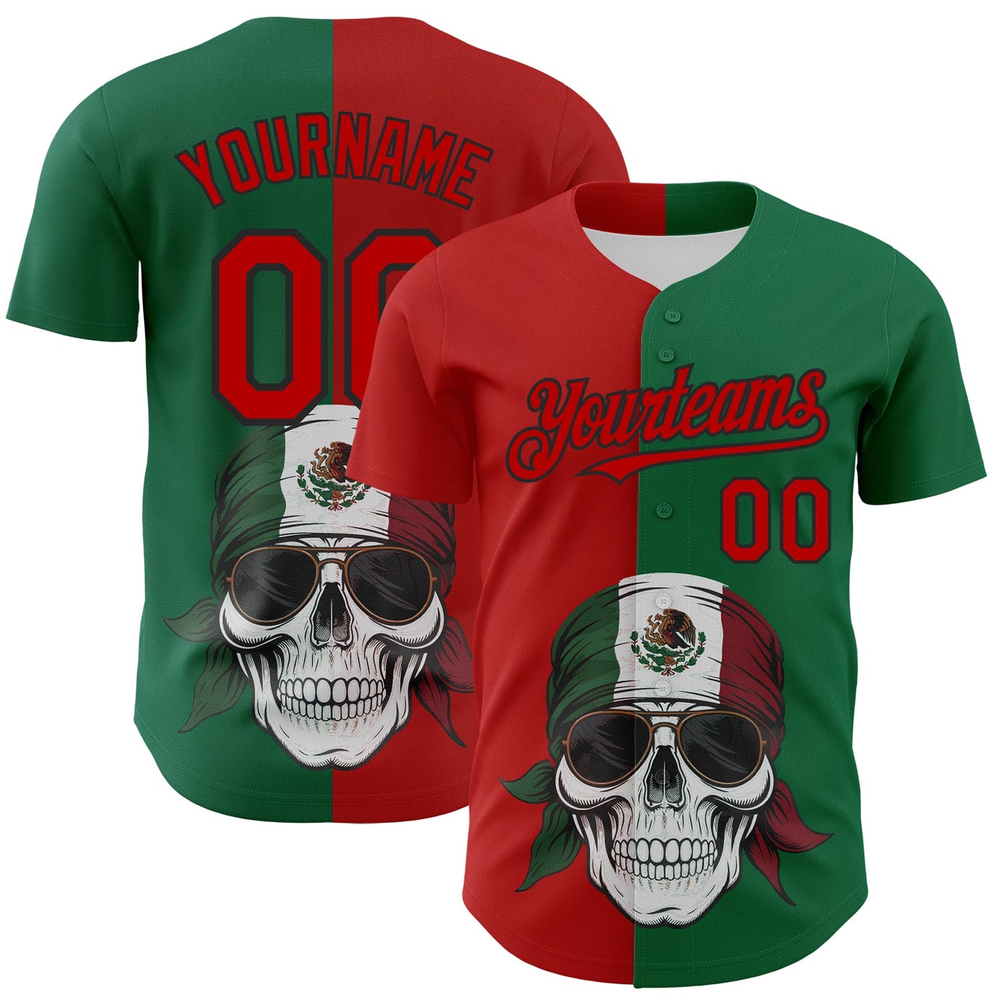Custom Green Red-Black 3D Mexican Flag Skull Authentic Baseball Jersey - Main View