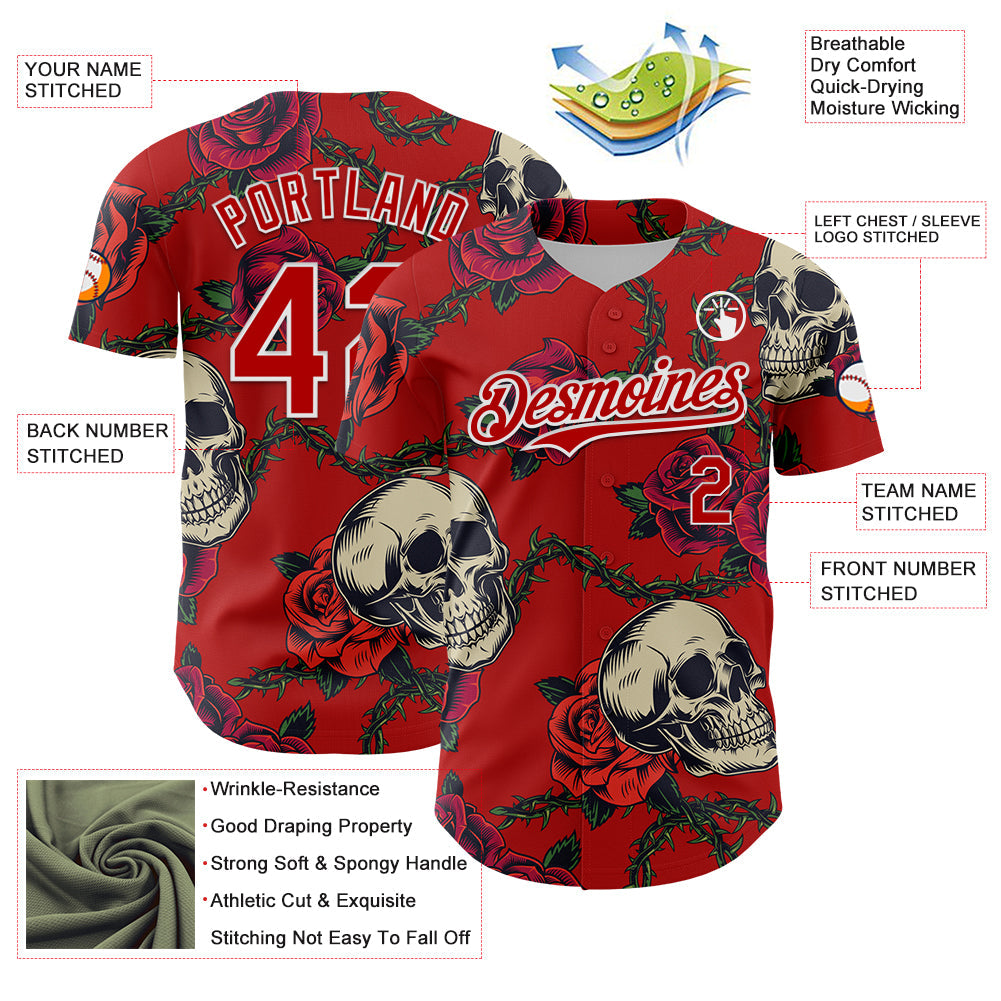 Custom Red White 3D Mexican Festival Skull And Flower Cinco de Mayo Authentic Baseball Jersey view 3