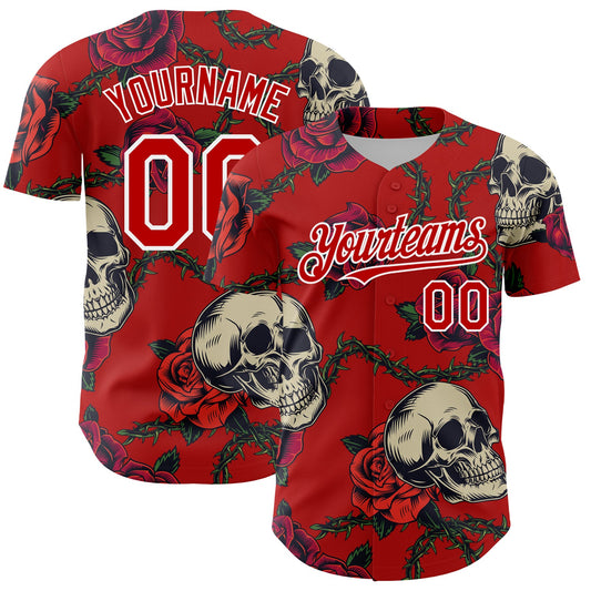 Custom Red White 3D Mexican Festival Skull And Flower Cinco de Mayo Authentic Baseball Jersey - Main View