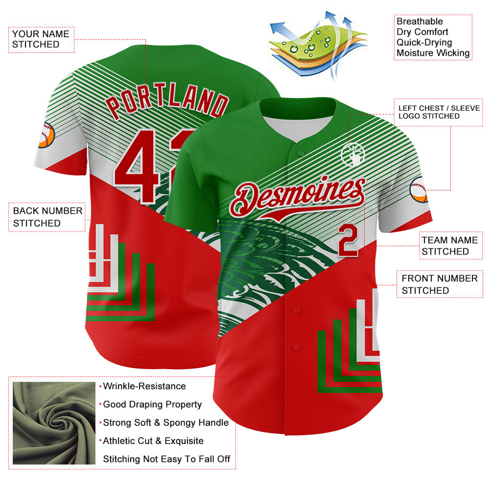 Custom Green Red-White 3D Mexico Authentic Baseball Jersey view 3