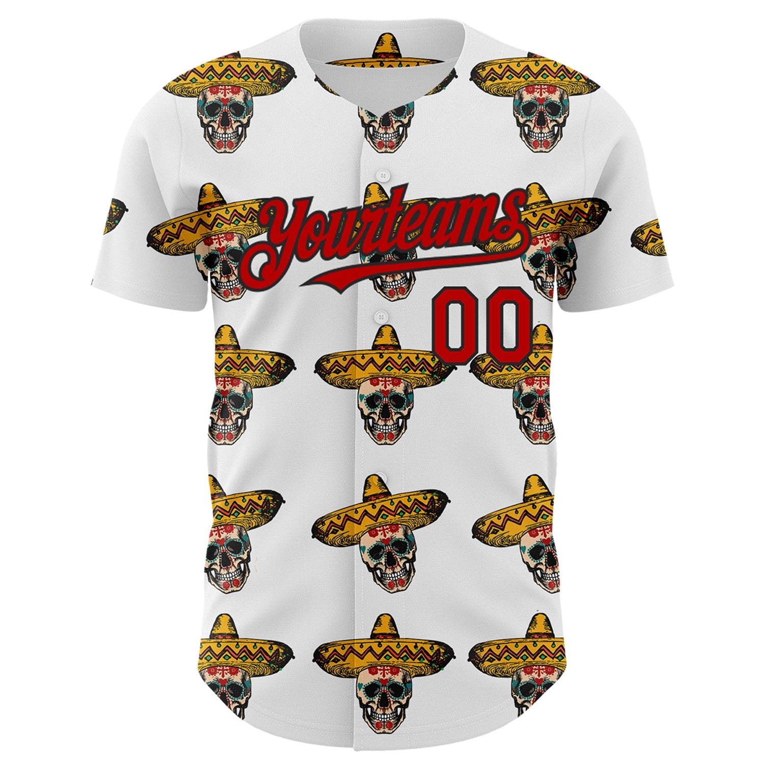 Custom White Red-Black 3D Mexican Festival Skull With Sombrero Cinco de Mayo Authentic Baseball Jersey view 2