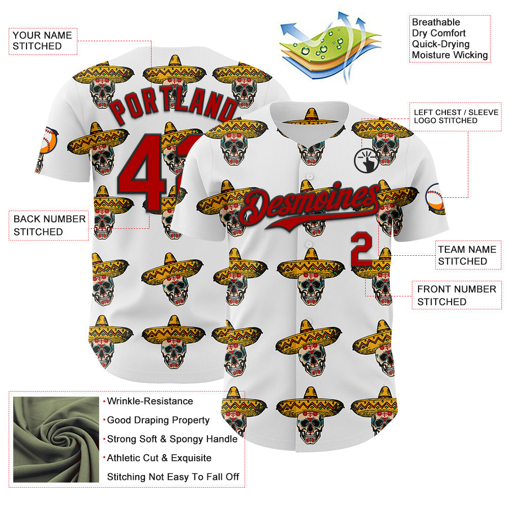 Custom White Red-Black 3D Mexican Festival Skull With Sombrero Cinco de Mayo Authentic Baseball Jersey view 3