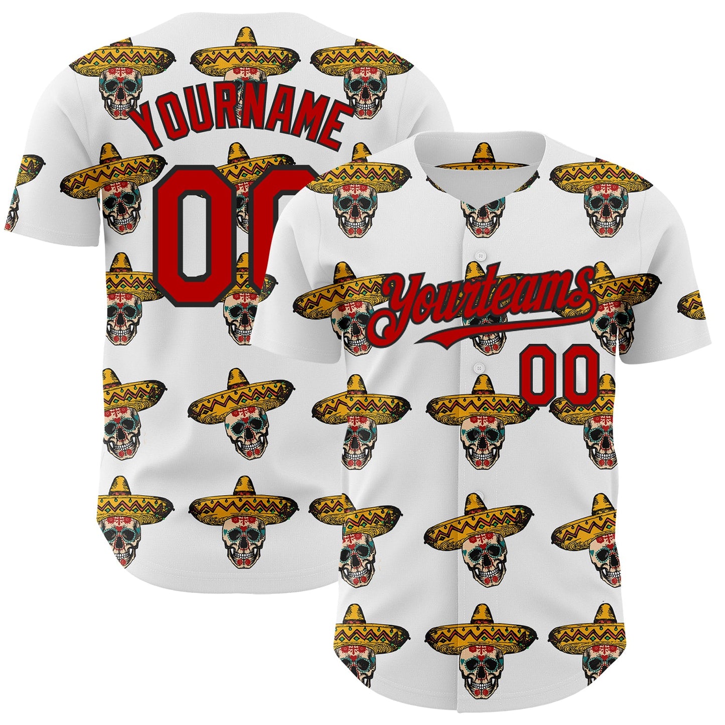 Custom White Red-Black 3D Mexican Festival Skull With Sombrero Cinco de Mayo Authentic Baseball Jersey - Main View