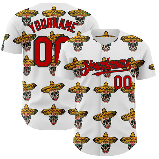 Custom White Red-Black 3D Mexican Festival Skull With Sombrero Cinco de Mayo Authentic Baseball Jersey - Main View