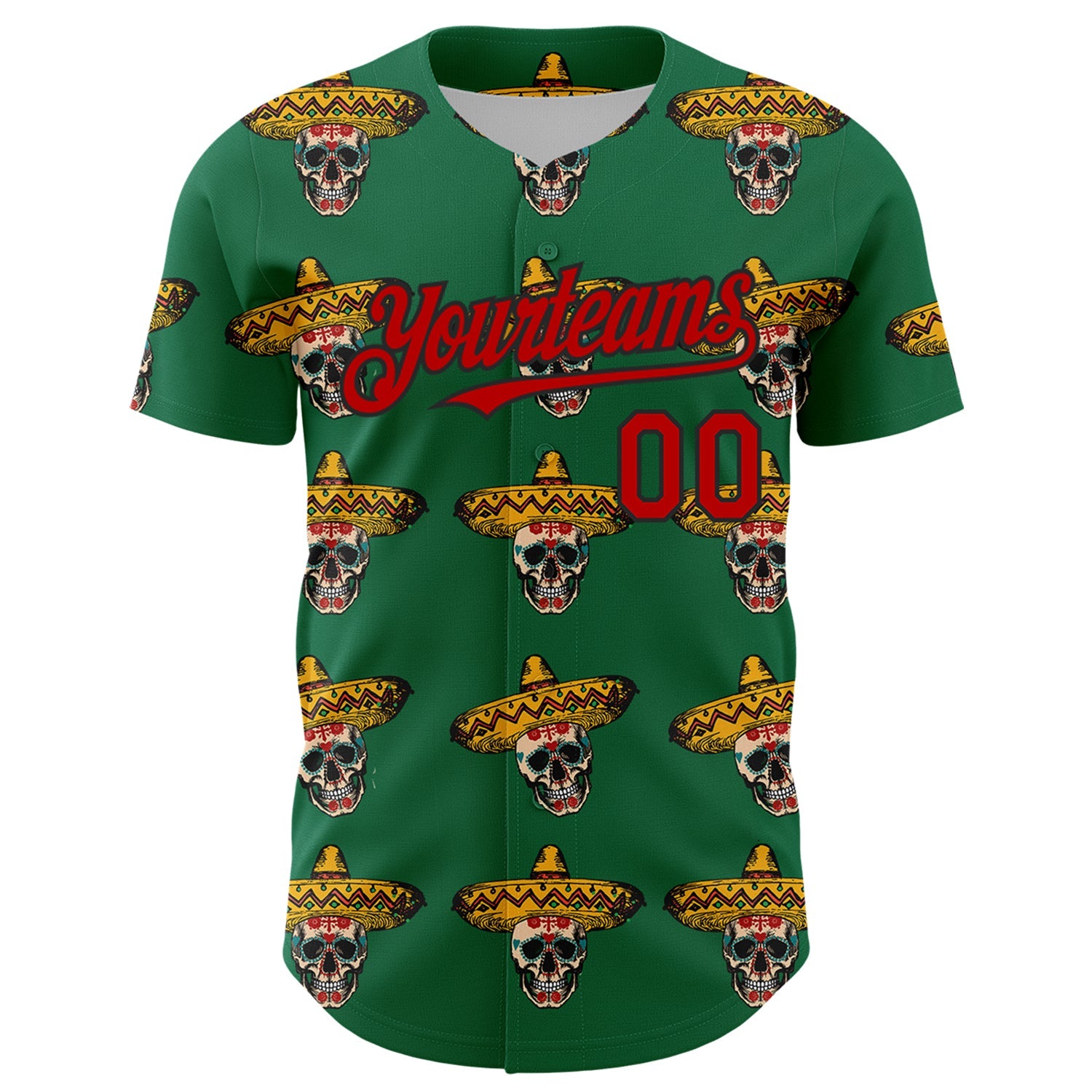 Custom Kelly Green Red-Black 3D Mexican Festival Skull With Sombrero Cinco de Mayo Authentic Baseball Jersey view 2