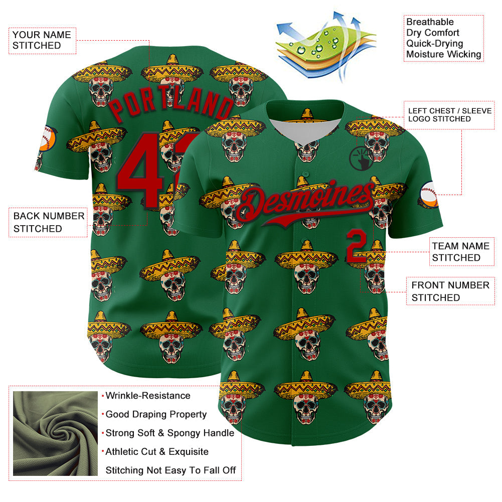 Custom Kelly Green Red-Black 3D Mexican Festival Skull With Sombrero Cinco de Mayo Authentic Baseball Jersey view 3