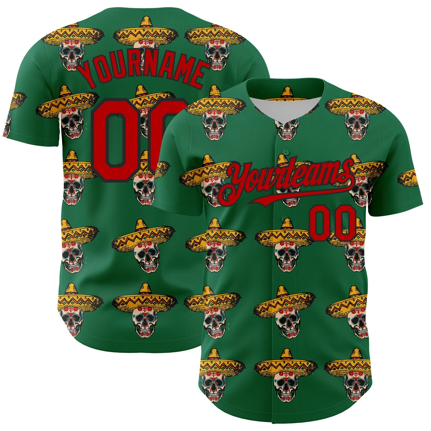 Custom Kelly Green Red-Black 3D Mexican Festival Skull With Sombrero Cinco de Mayo Authentic Baseball Jersey - Main View
