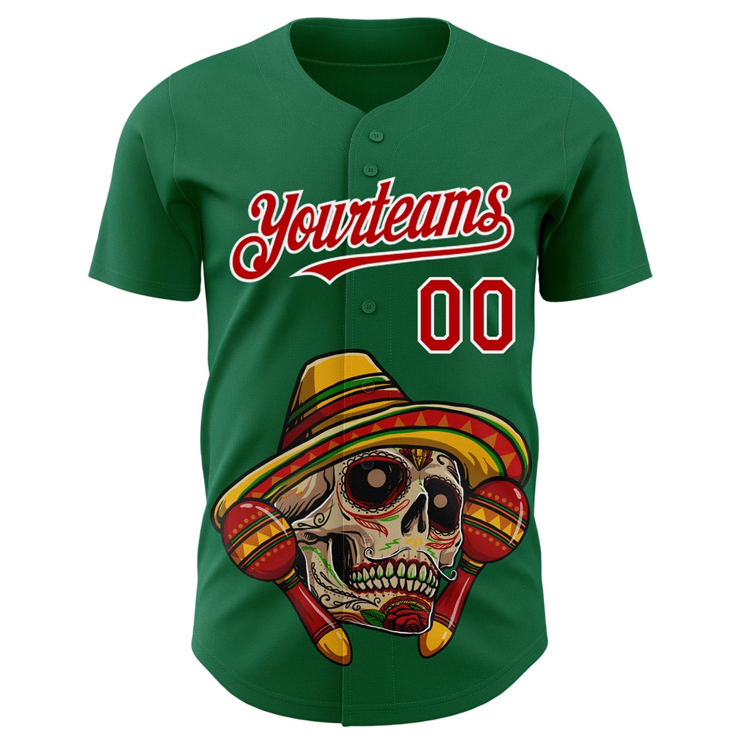 Custom Kelly Green Red-White 3D Mexican Festival Skull With Sombrero Cinco de Mayo Authentic Baseball Jersey view 2