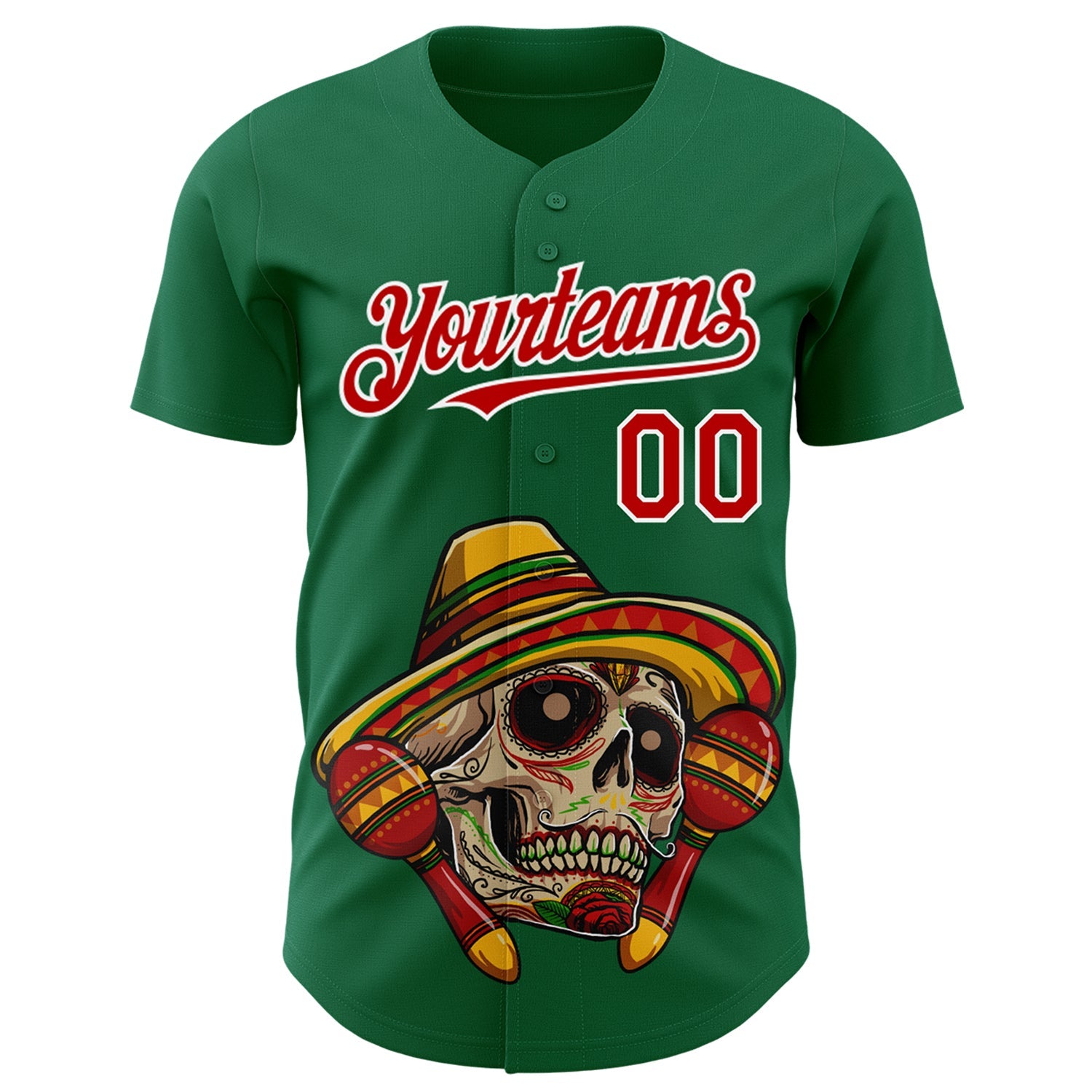Custom Kelly Green Red-White 3D Mexican Festival Skull With Sombrero Cinco de Mayo Authentic Baseball Jersey view 2