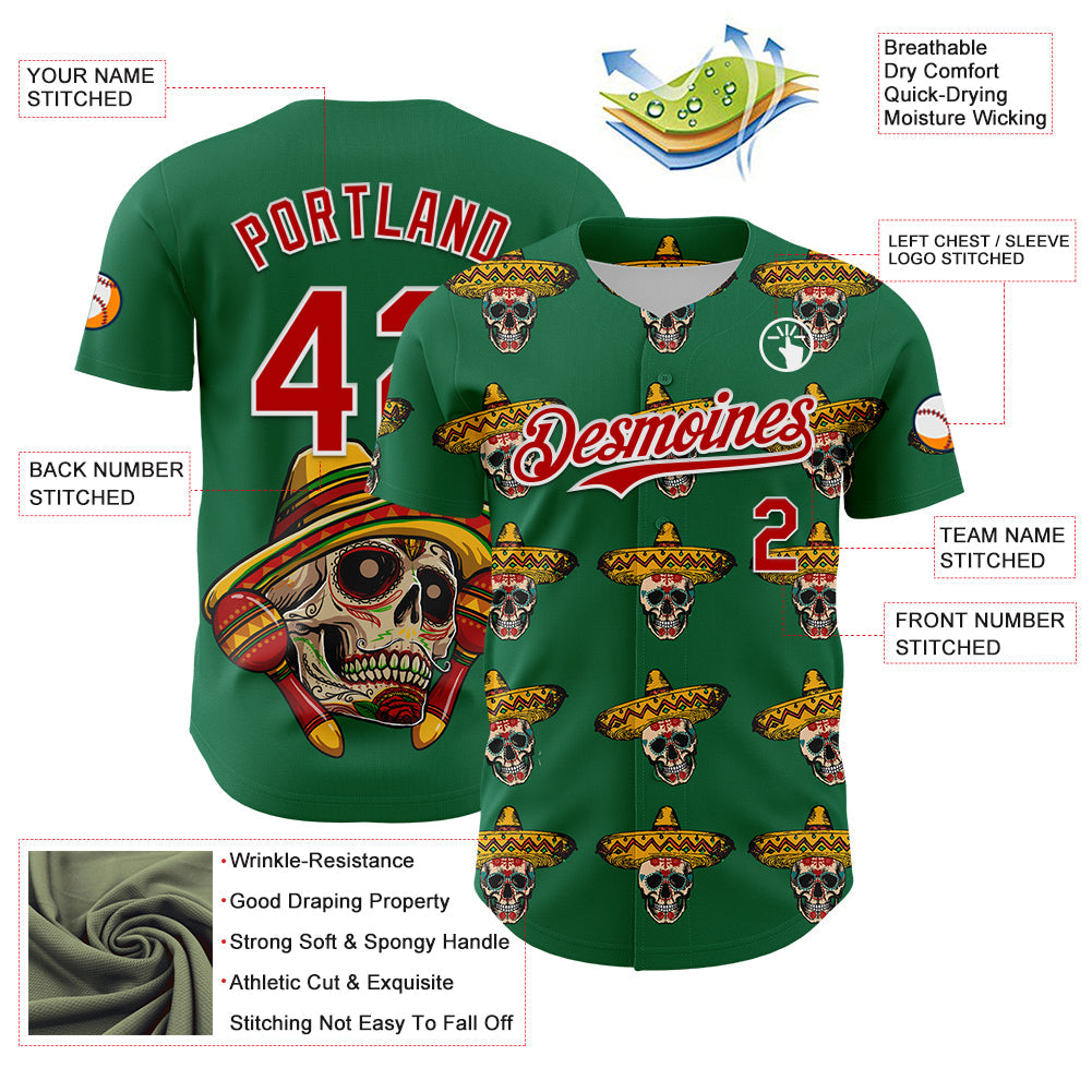 Custom Kelly Green Red-White 3D Mexican Festival Skull With Sombrero Cinco de Mayo Authentic Baseball Jersey view 3