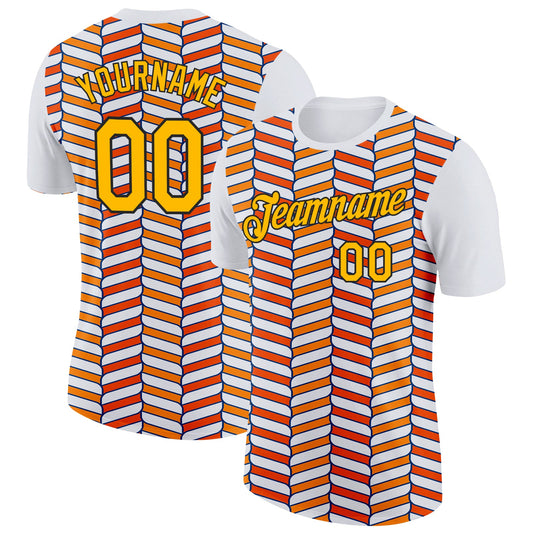 Custom White Gold Orange US Navy Blue-Black 3D Esports Performance T-Shirt - Main View