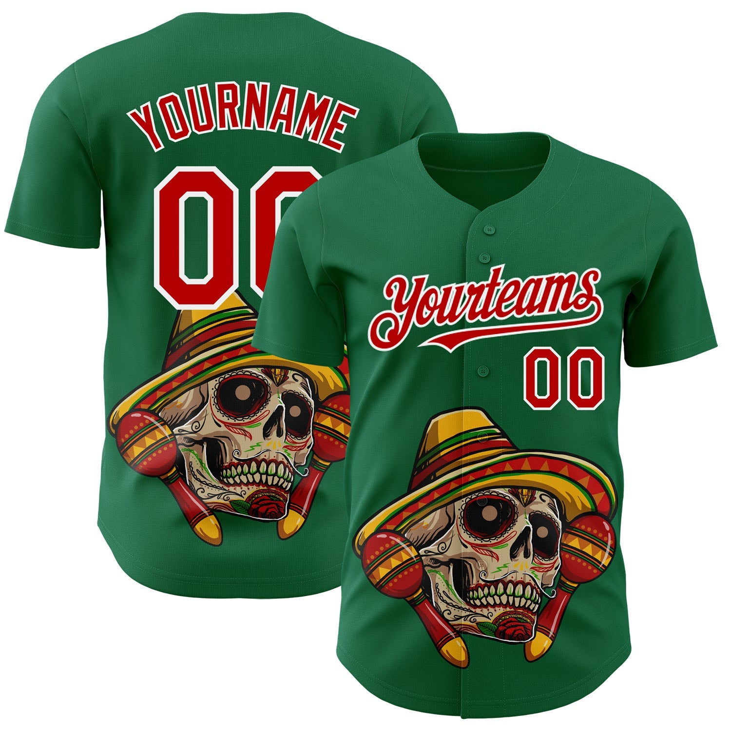 Custom Kelly Green Red-White 3D Mexican Festival Skull With Sombrero Cinco de Mayo Authentic Baseball Jersey - Main View