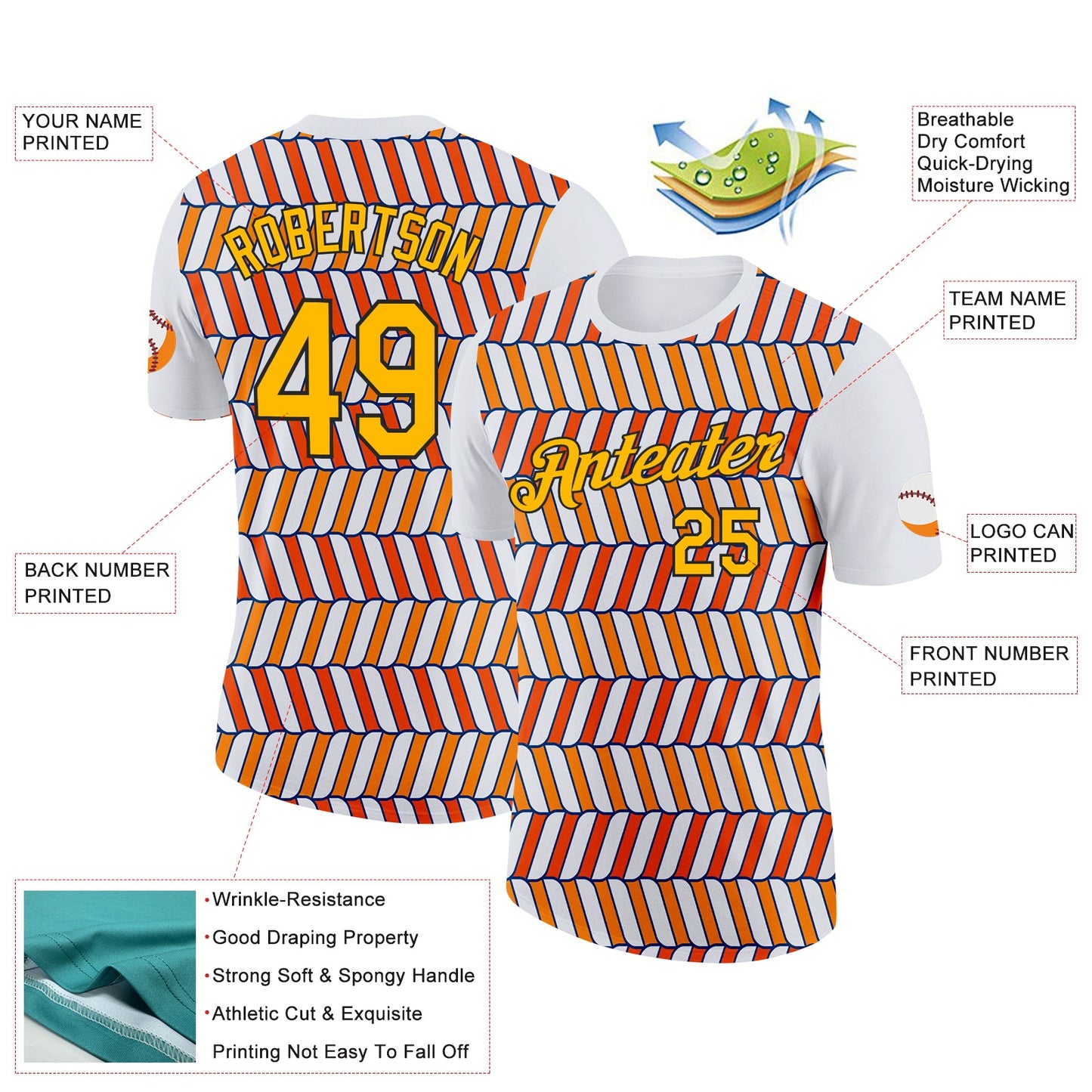 Custom White Gold Orange US Navy Blue-Black 3D Esports Performance T-Shirt view 2