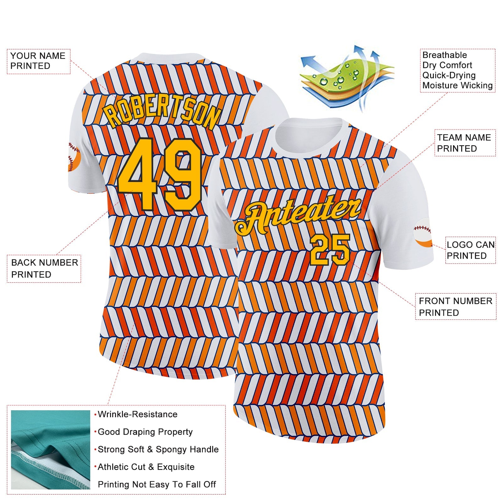 Custom White Gold Orange US Navy Blue-Black 3D Esports Performance T-Shirt view 2