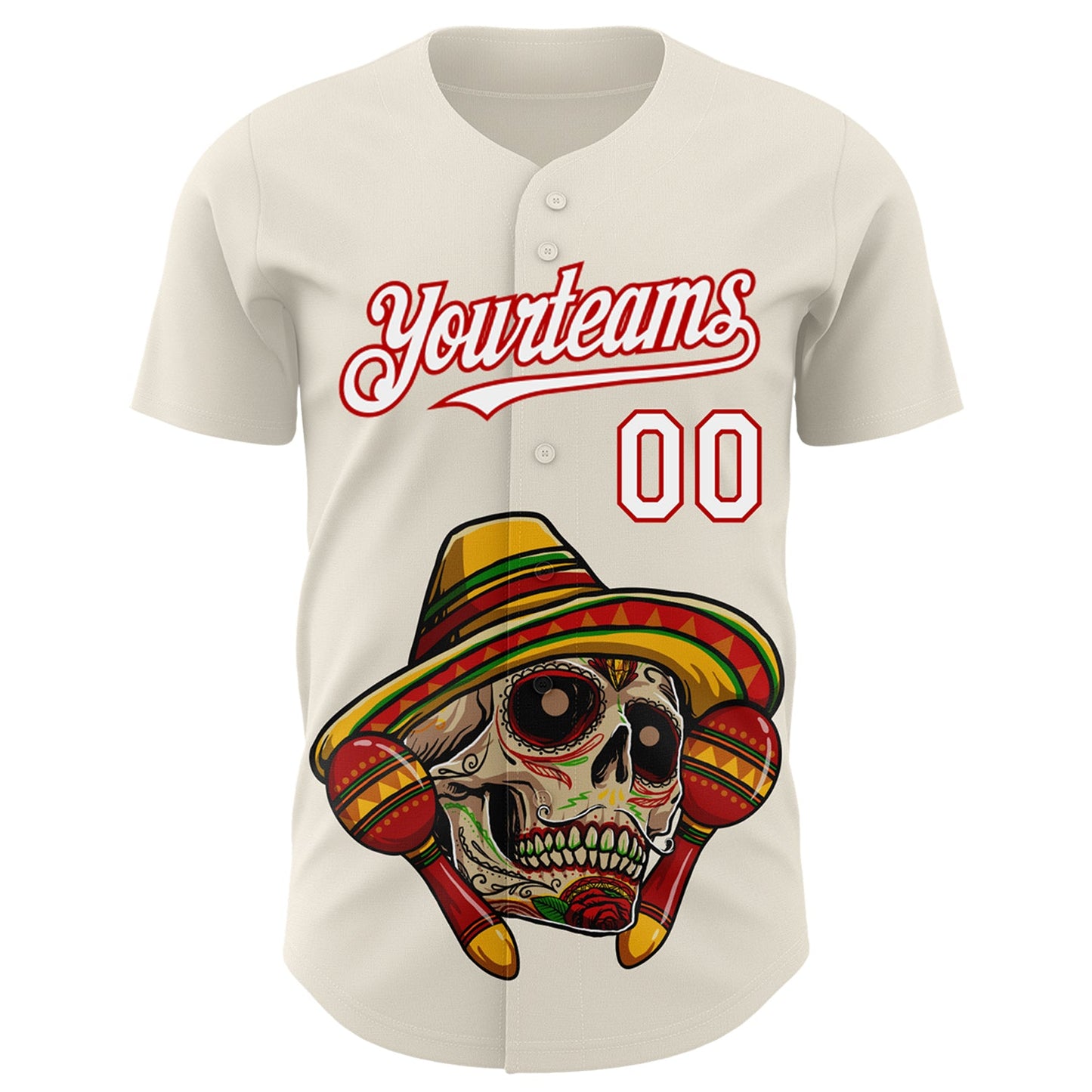 Custom Cream White-Red 3D Mexican Festival Skull With Sombrero Cinco de Mayo Authentic Baseball Jersey view 2