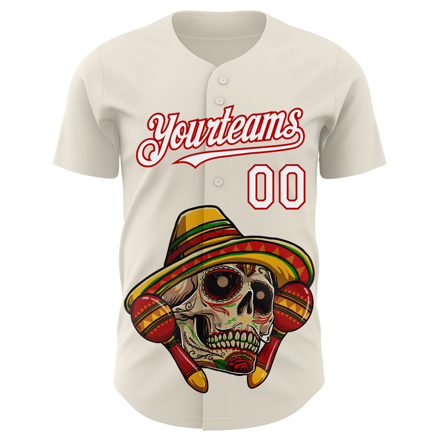 Custom Cream White-Red 3D Mexican Festival Skull With Sombrero Cinco de Mayo Authentic Baseball Jersey view 2