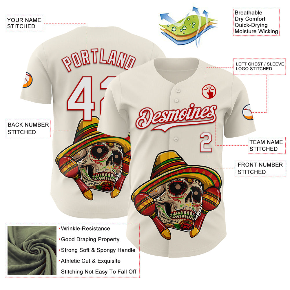 Custom Cream White-Red 3D Mexican Festival Skull With Sombrero Cinco de Mayo Authentic Baseball Jersey view 3