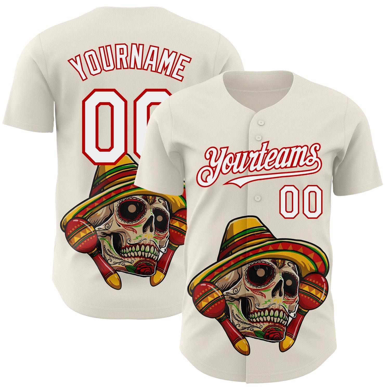Custom Cream White-Red 3D Mexican Festival Skull With Sombrero Cinco de Mayo Authentic Baseball Jersey - Main View