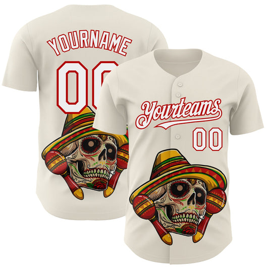 Custom Cream White-Red 3D Mexican Festival Skull With Sombrero Cinco de Mayo Authentic Baseball Jersey - Main View