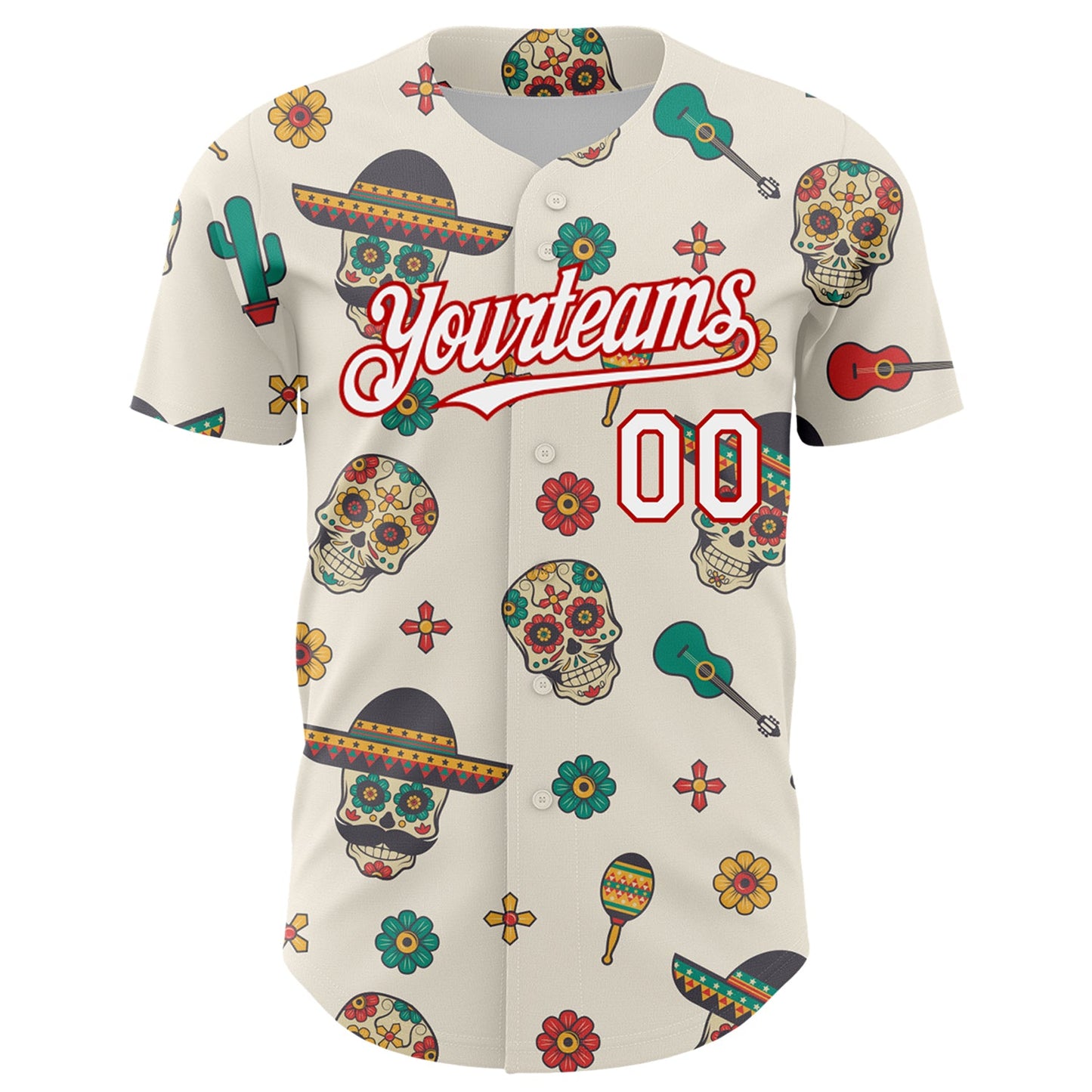 Custom Cream White-Red 3D Mexican Festival Cactus Skull With Sombrero Cinco de Mayo Authentic Baseball Jersey view 2