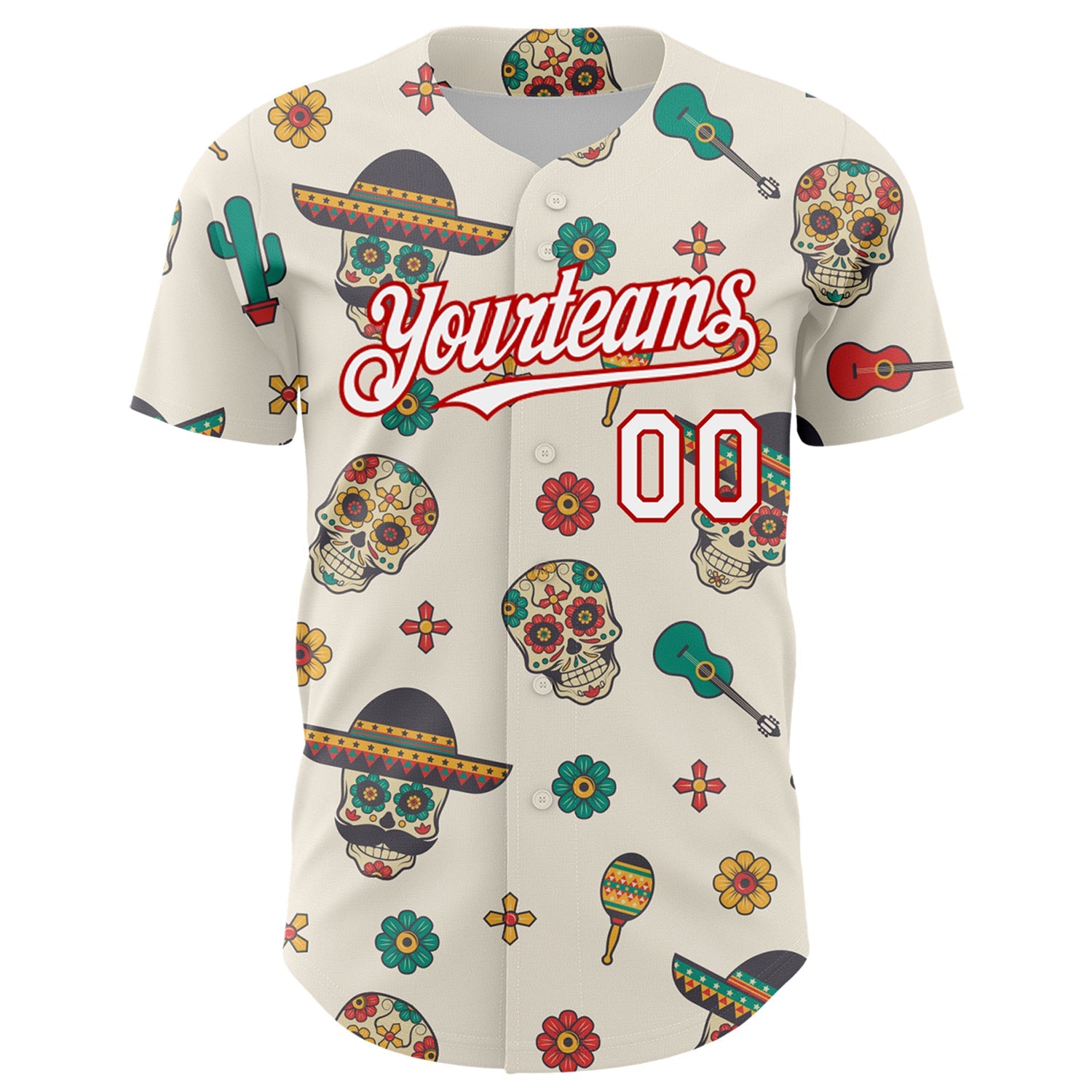 Custom Cream White-Red 3D Mexican Festival Cactus Skull With Sombrero Cinco de Mayo Authentic Baseball Jersey view 2