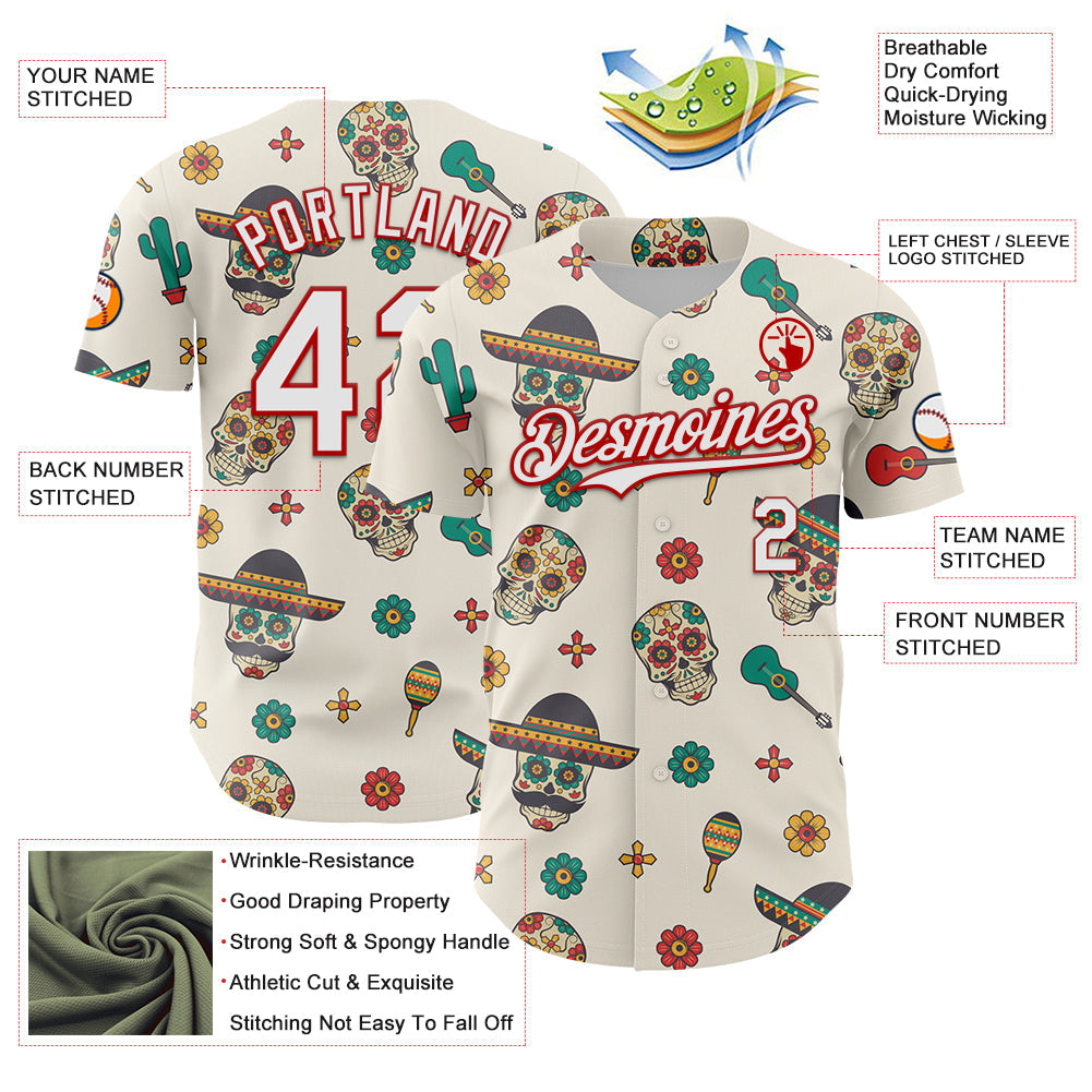 Custom Cream White-Red 3D Mexican Festival Cactus Skull With Sombrero Cinco de Mayo Authentic Baseball Jersey view 3
