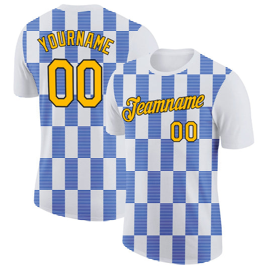 Custom White Gold Thunder Blue-Black 3D Esports Performance T-Shirt - Main View