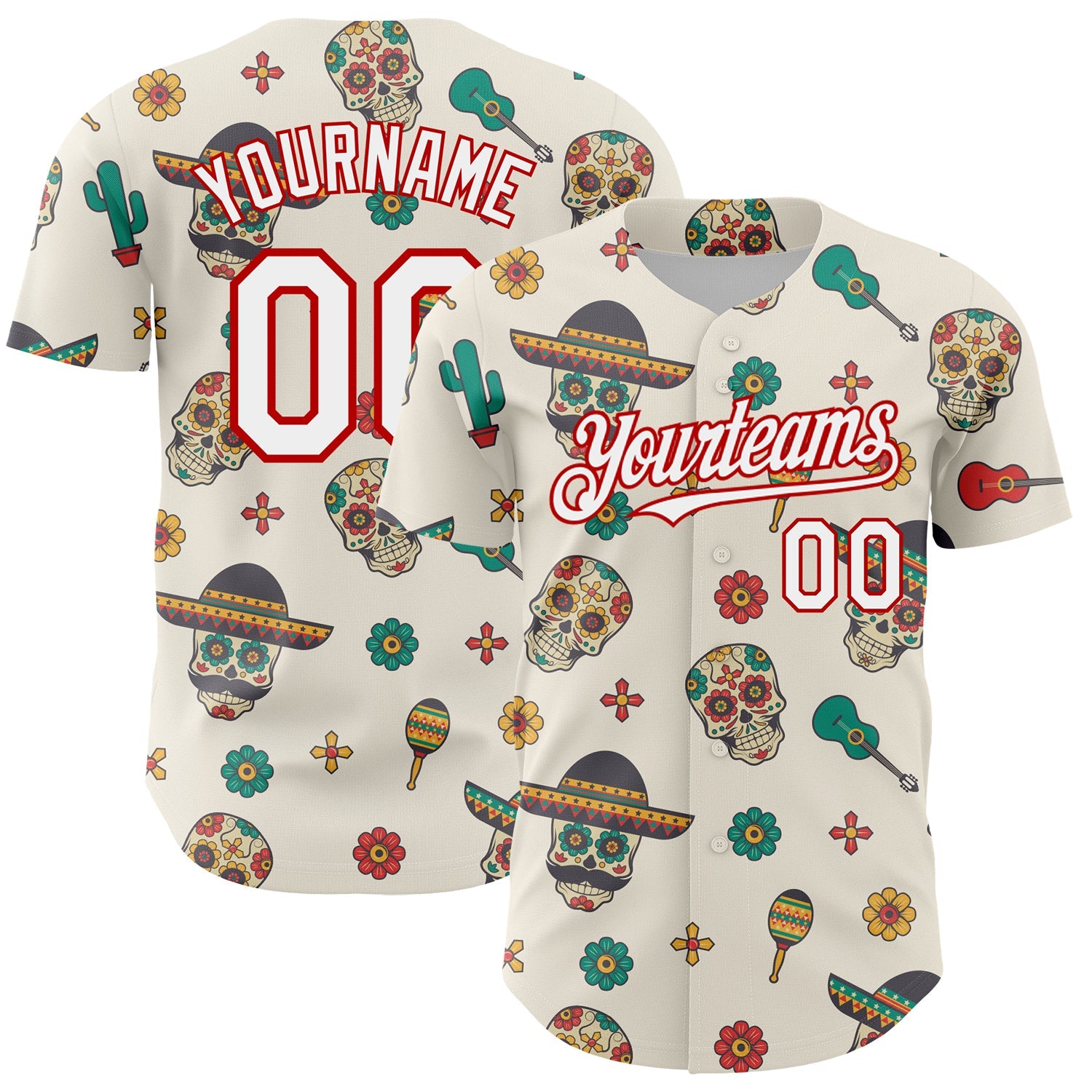 Custom Cream White-Red 3D Mexican Festival Cactus Skull With Sombrero Cinco de Mayo Authentic Baseball Jersey - Main View