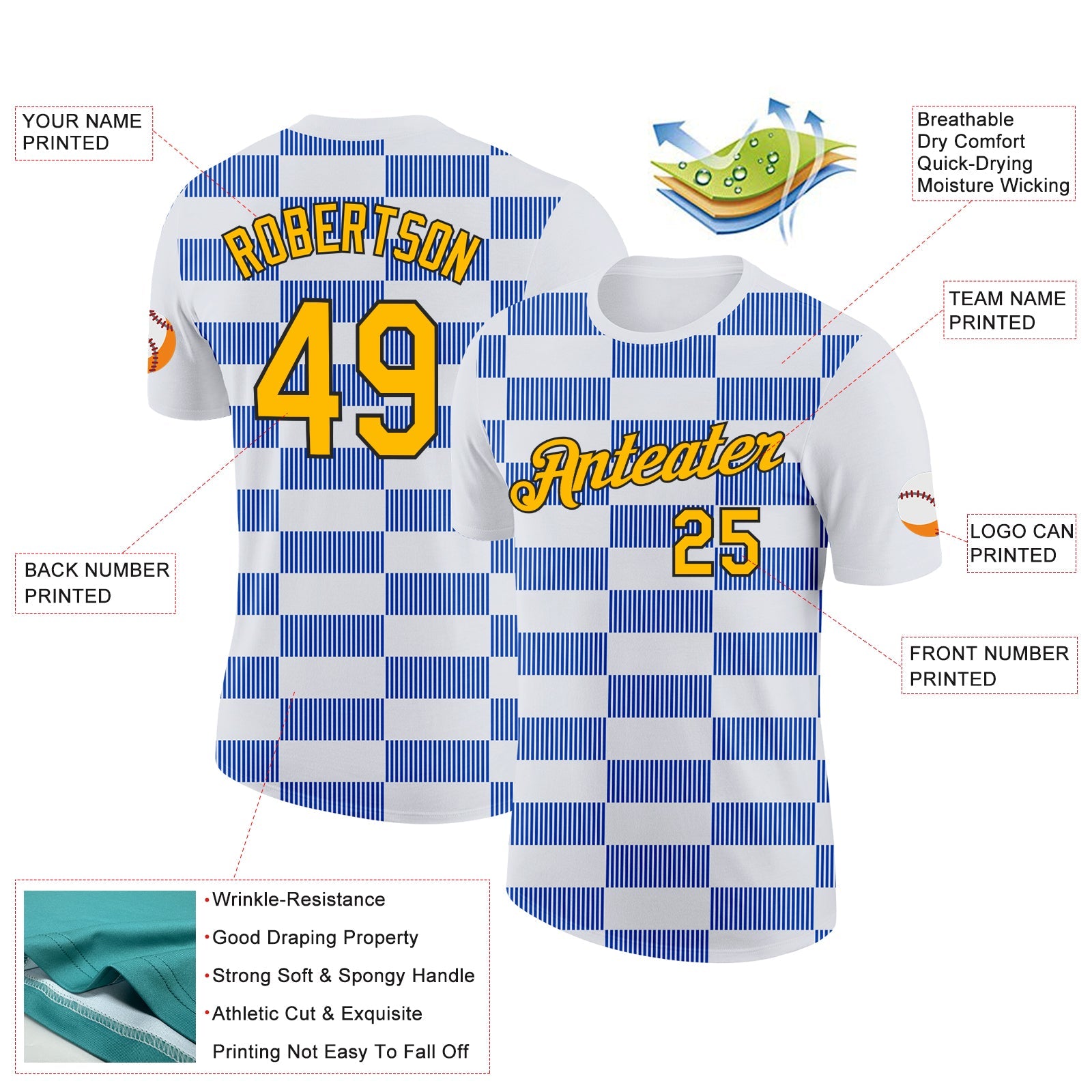 Custom White Gold Thunder Blue-Black 3D Esports Performance T-Shirt view 2