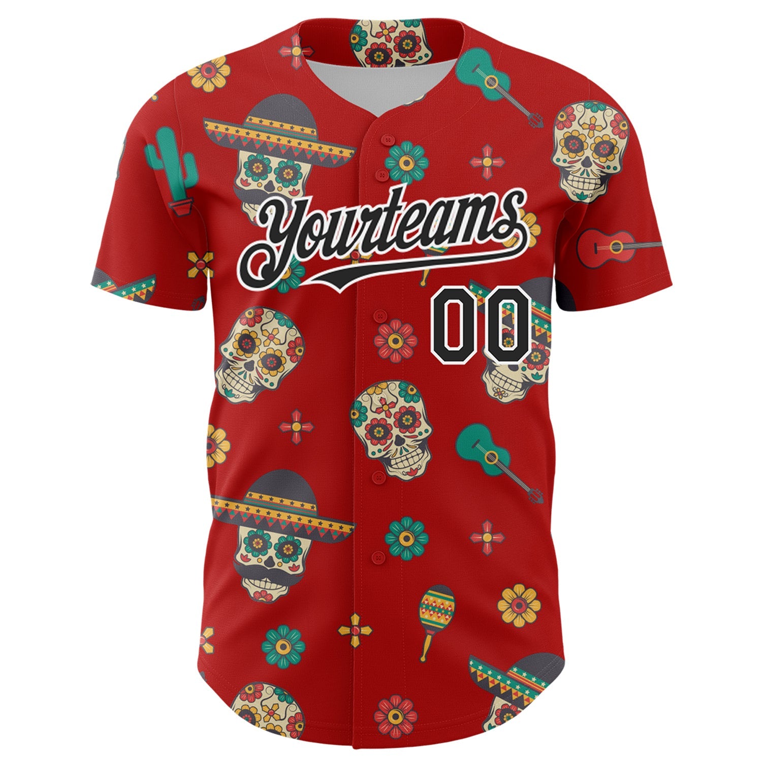 Custom Red Black-White 3D Mexican Festival Cactus Skull With Sombrero Cinco de Mayo Authentic Baseball Jersey view 2