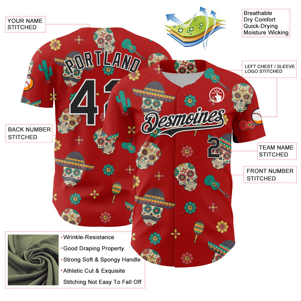 Custom Red Black-White 3D Mexican Festival Cactus Skull With Sombrero Cinco de Mayo Authentic Baseball Jersey view 3