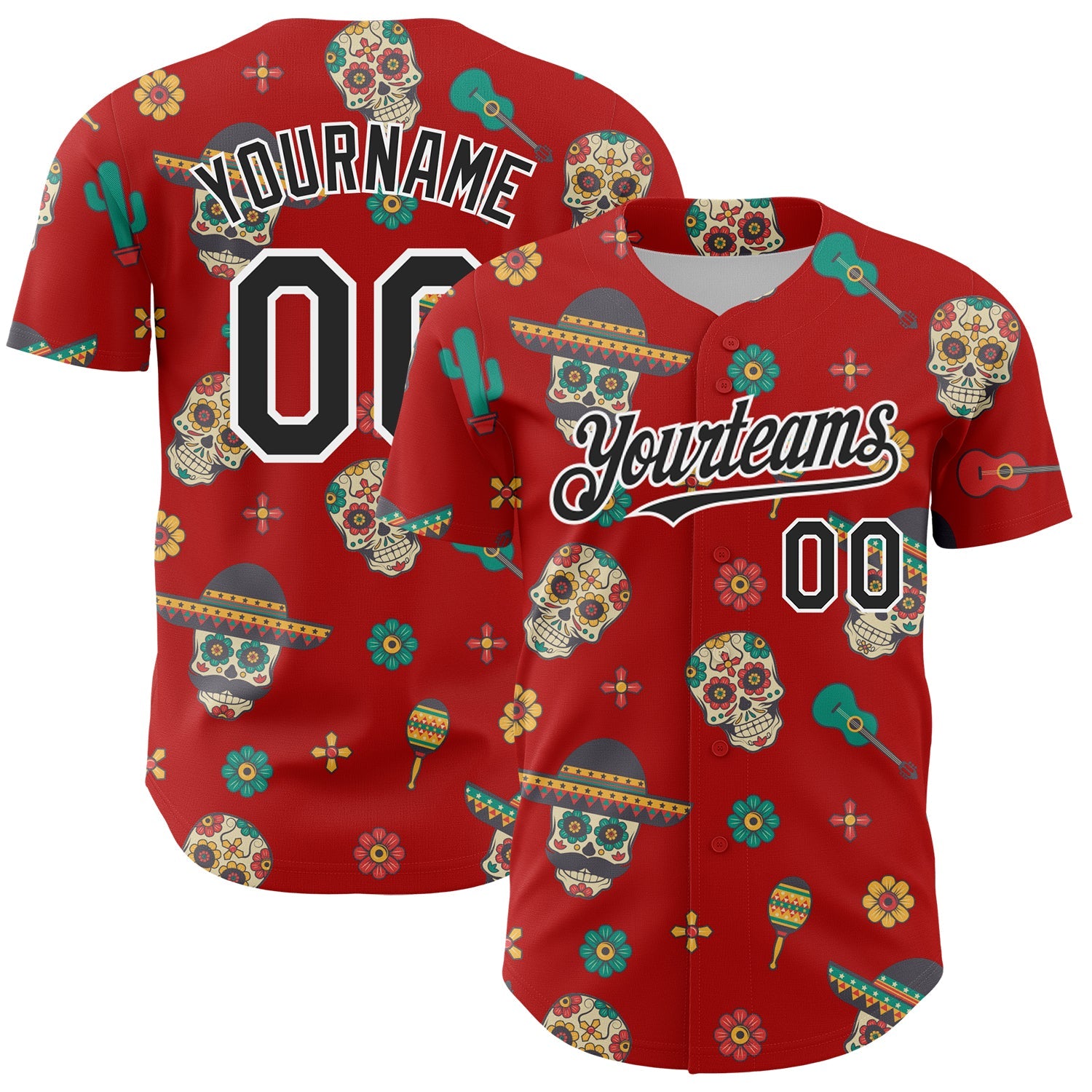 Custom Red Black-White 3D Mexican Festival Cactus Skull With Sombrero Cinco de Mayo Authentic Baseball Jersey - Main View
