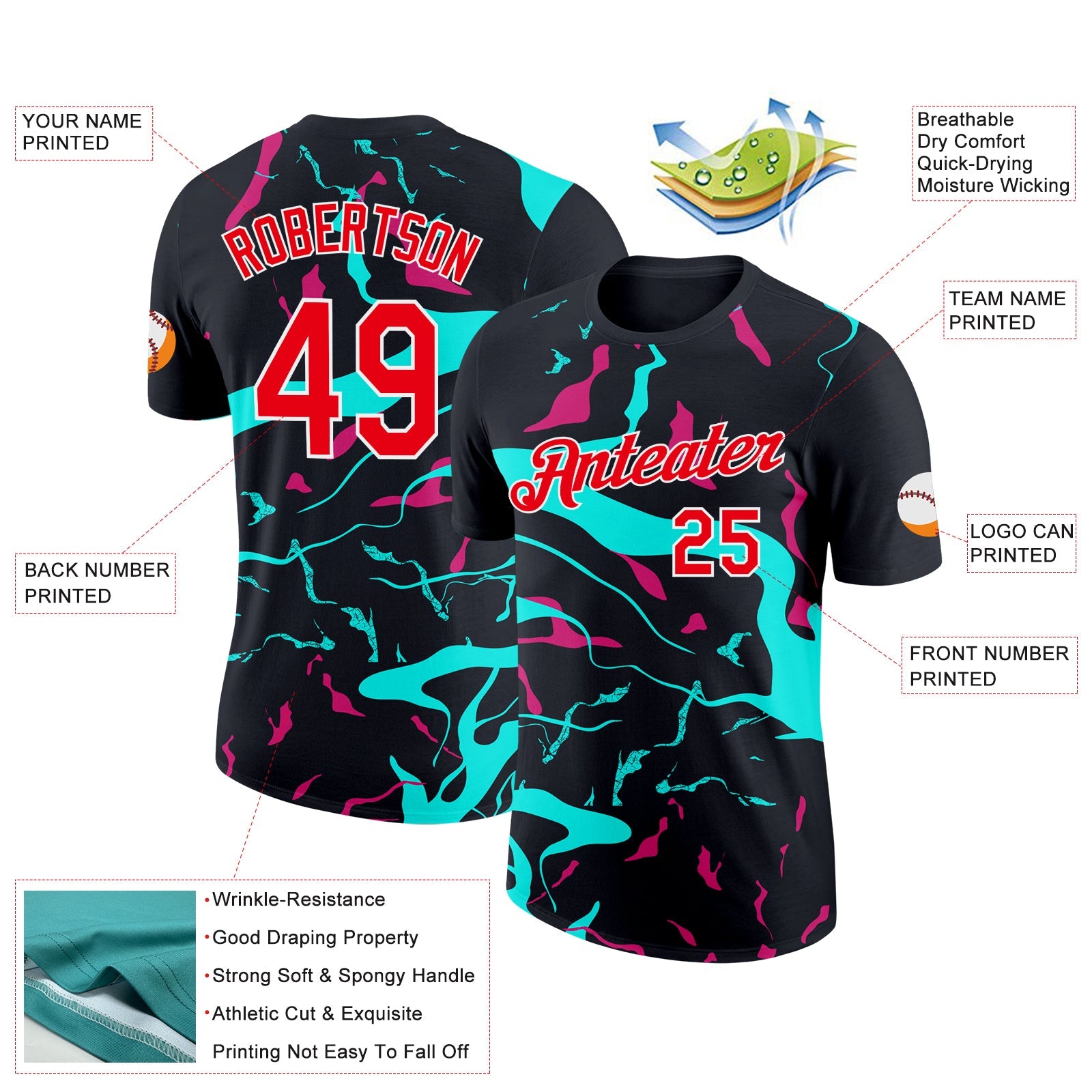 Custom Black Fire Red Ice Blue-Hot Pink 3D Esports Performance T-Shirt view 2