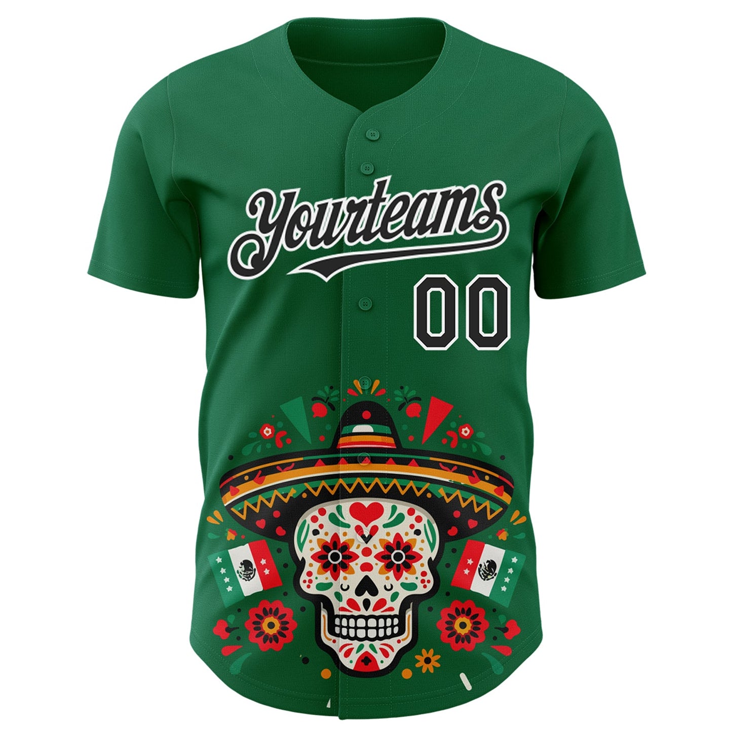 Custom Kelly Green Black-White 3D Mexican Festival Flag Skull With Sombrero Cinco de Mayo Authentic Baseball Jersey view 2
