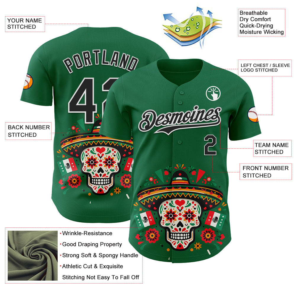 Custom Kelly Green Black-White 3D Mexican Festival Flag Skull With Sombrero Cinco de Mayo Authentic Baseball Jersey view 3