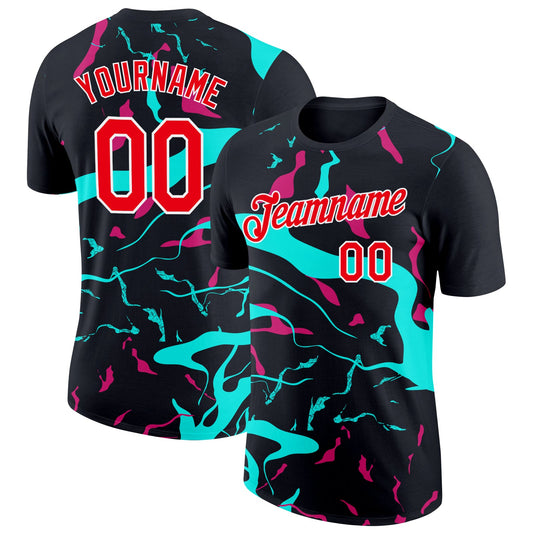 Custom Black Fire Red Ice Blue-Hot Pink 3D Esports Performance T-Shirt - Main View