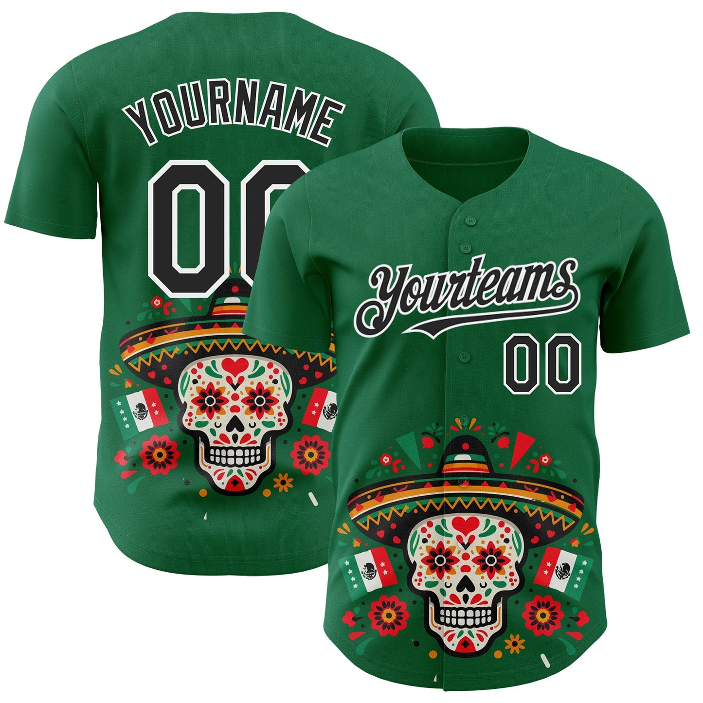 Custom Kelly Green Black-White 3D Mexican Festival Flag Skull With Sombrero Cinco de Mayo Authentic Baseball Jersey - Main View