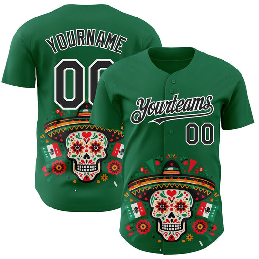 Custom Kelly Green Black-White 3D Mexican Festival Flag Skull With Sombrero Cinco de Mayo Authentic Baseball Jersey - Main View