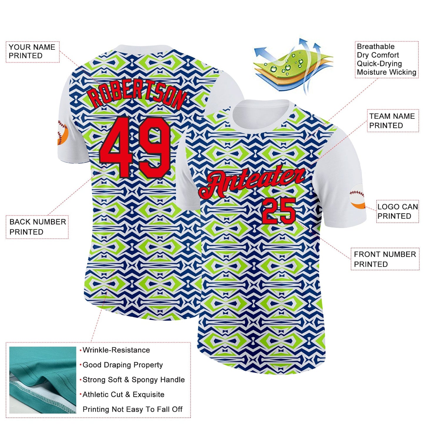 Custom White Fire Red US Navy Blue Aurora Green-Black 3D Esports Performance T-Shirt view 2