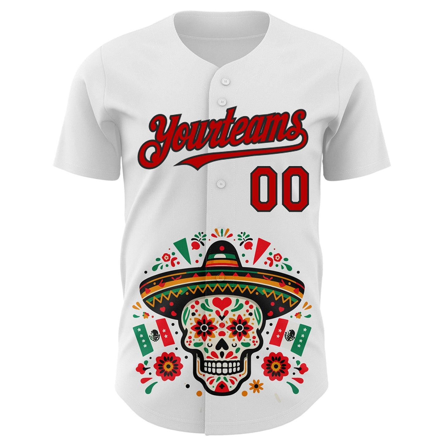 Custom White Red-Black 3D Mexican Festival Flag Skull With Sombrero Cinco de Mayo Authentic Baseball Jersey view 2