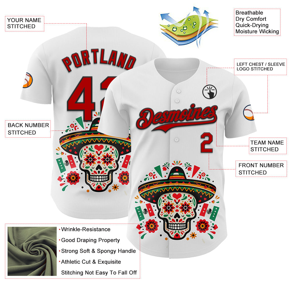 Custom White Red-Black 3D Mexican Festival Flag Skull With Sombrero Cinco de Mayo Authentic Baseball Jersey view 3