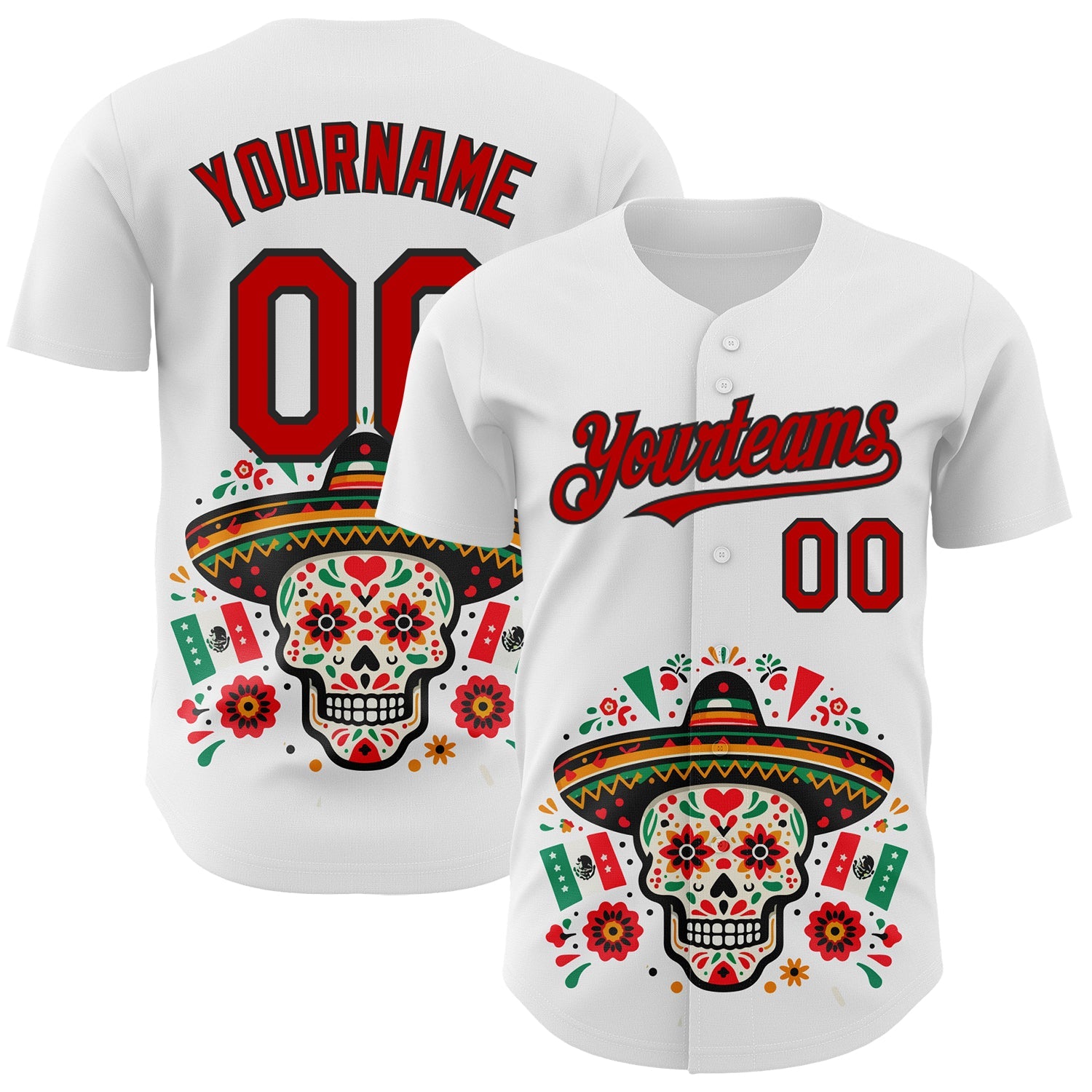 Custom White Red-Black 3D Mexican Festival Flag Skull With Sombrero Cinco de Mayo Authentic Baseball Jersey - Main View