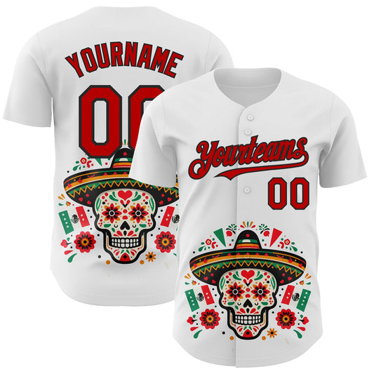 Custom White Red-Black 3D Mexican Festival Flag Skull With Sombrero Cinco de Mayo Authentic Baseball Jersey - Main View